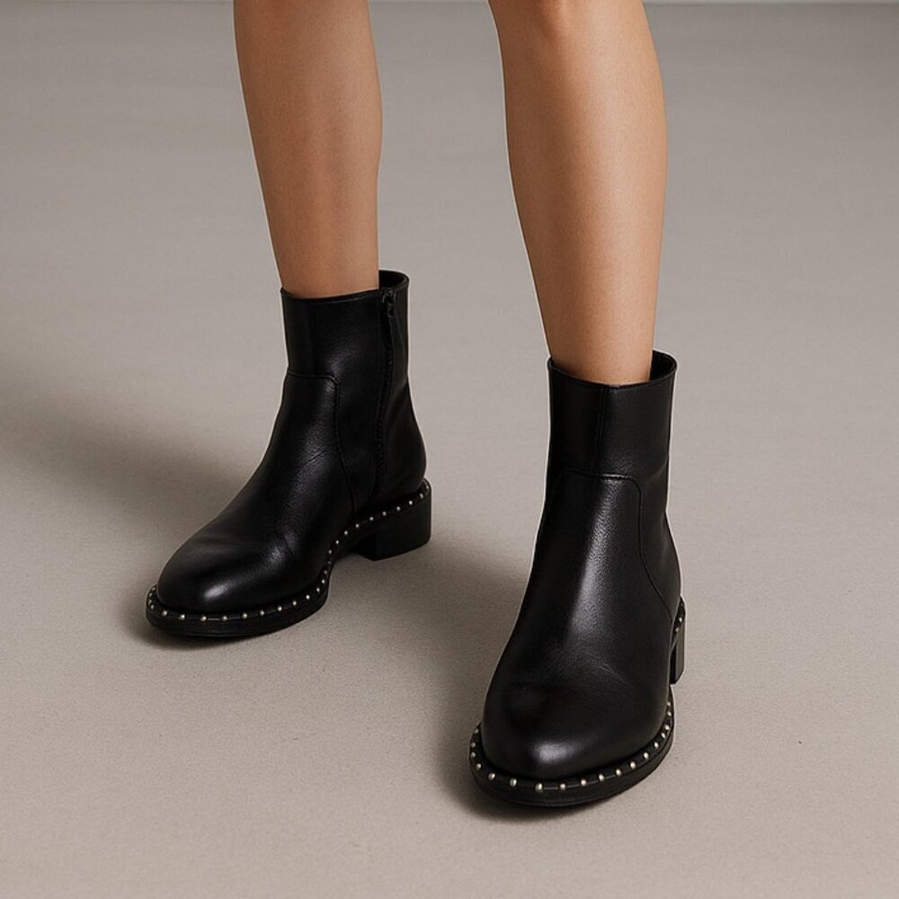 Schutz Black Leather Studded Ankle Boots Women’s 9.5B Rocker Moto Booties Brazil